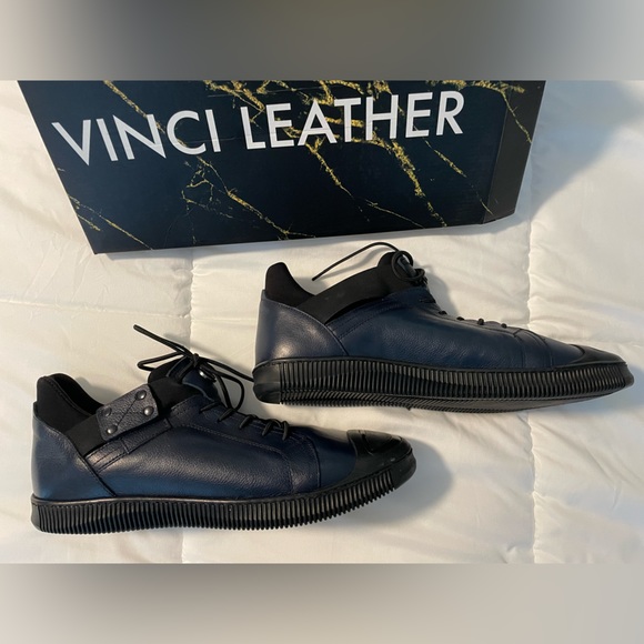Men’s Sneaker - The Mumbai Navy Blue Leather - Vinci Leather, Size 12 - Picture 2 of 6